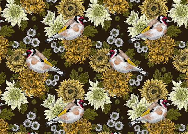 Goldfinch and chrysanthemums 2
