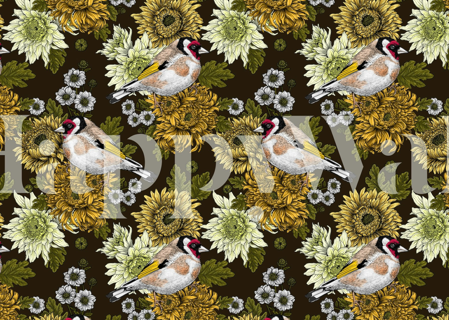 Goldfinch and chrysanthemums wallpaper in a room