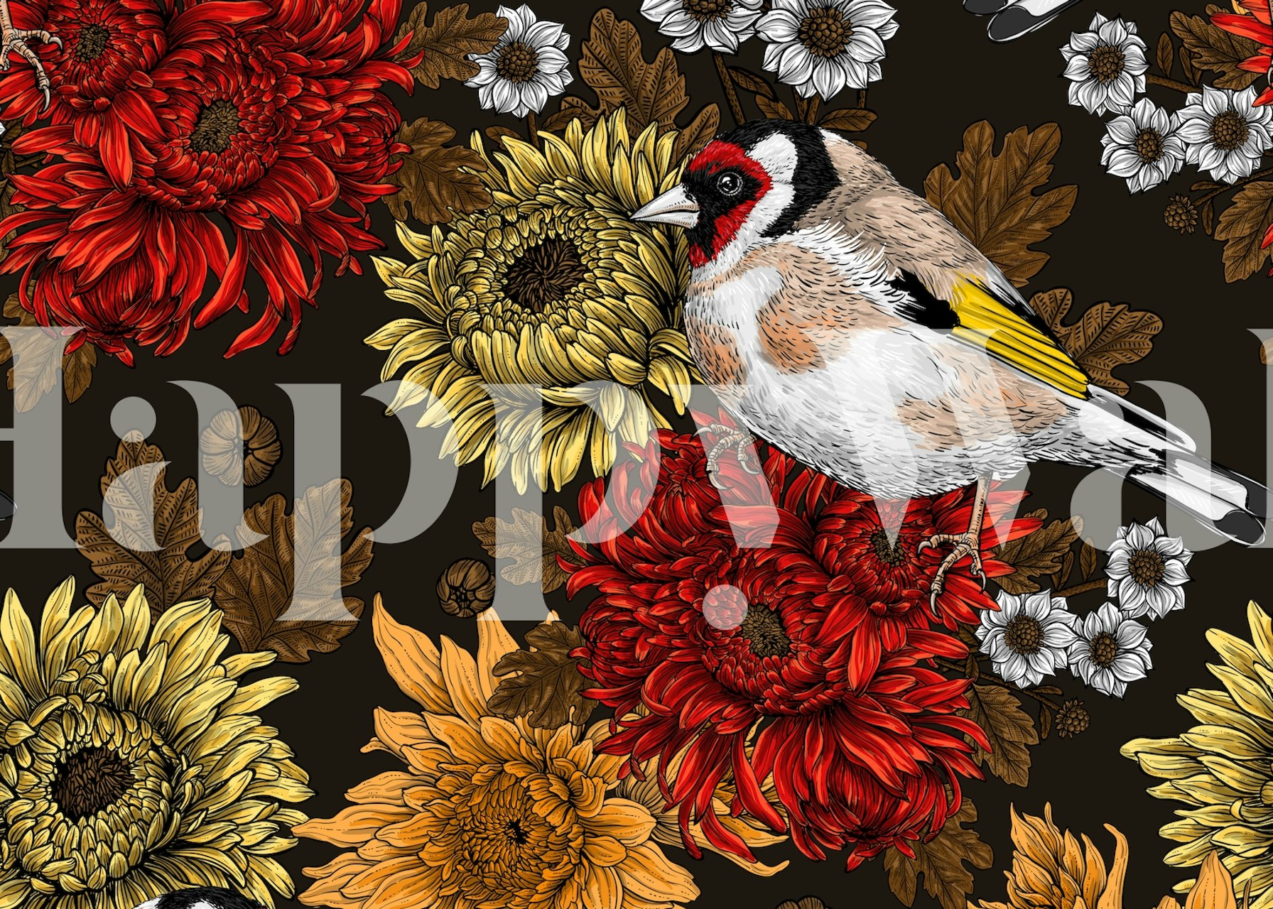 Guldfinke fugl på krysantemum vægmaleri med en mørk baggrund