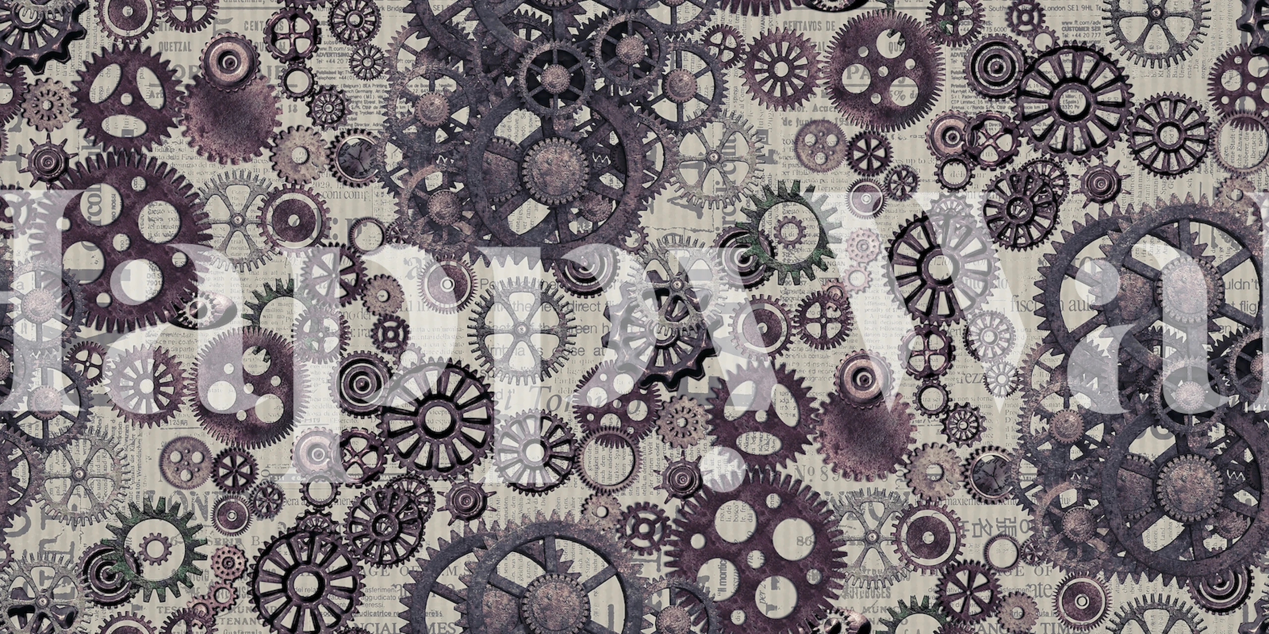 Intricate steampunk gears pattern in gray, brown, and cream wallpaper