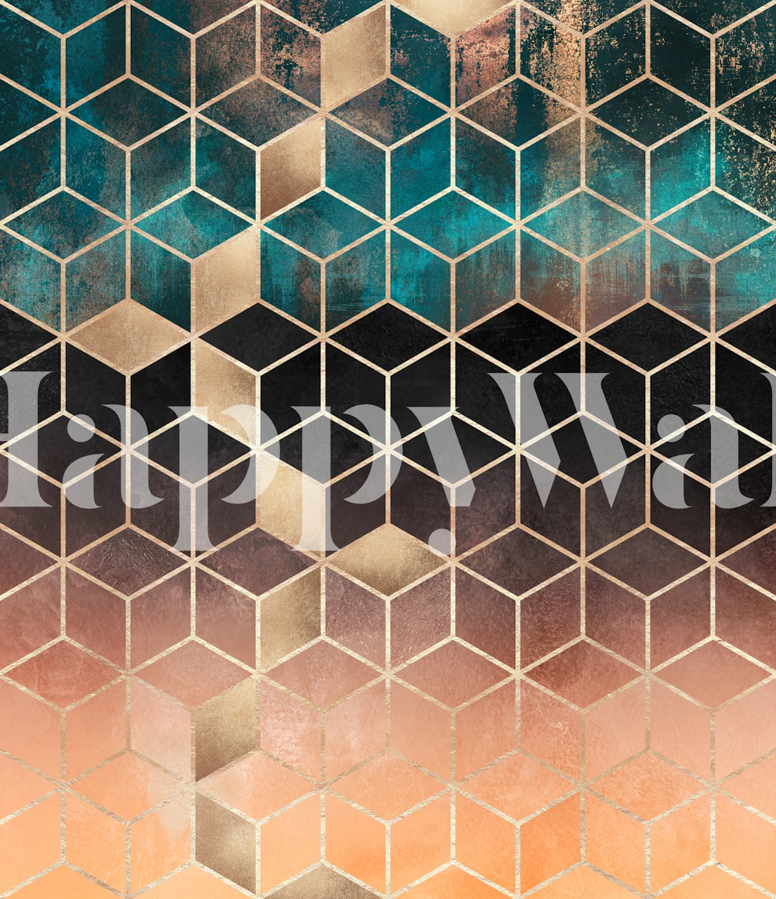 Geometric cube patterns in ombre shades of black, teal, and peach wallpaper