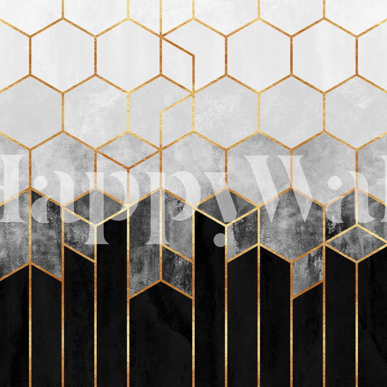Geometric hexagon pattern in black, white, and gold wallpaper
