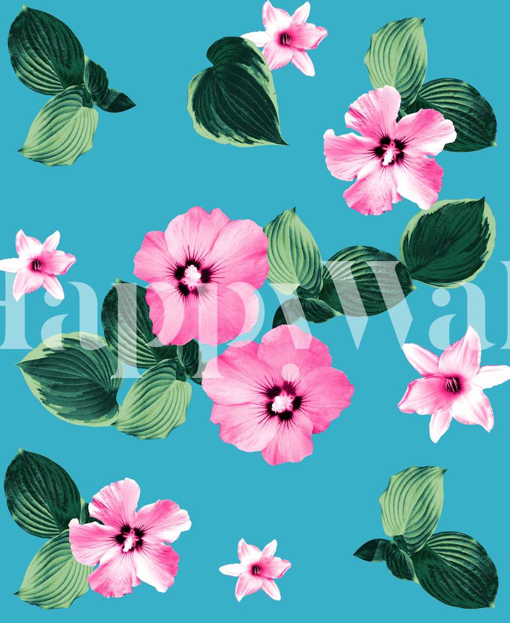 Pink and green floral patterns on a blue background wall mural