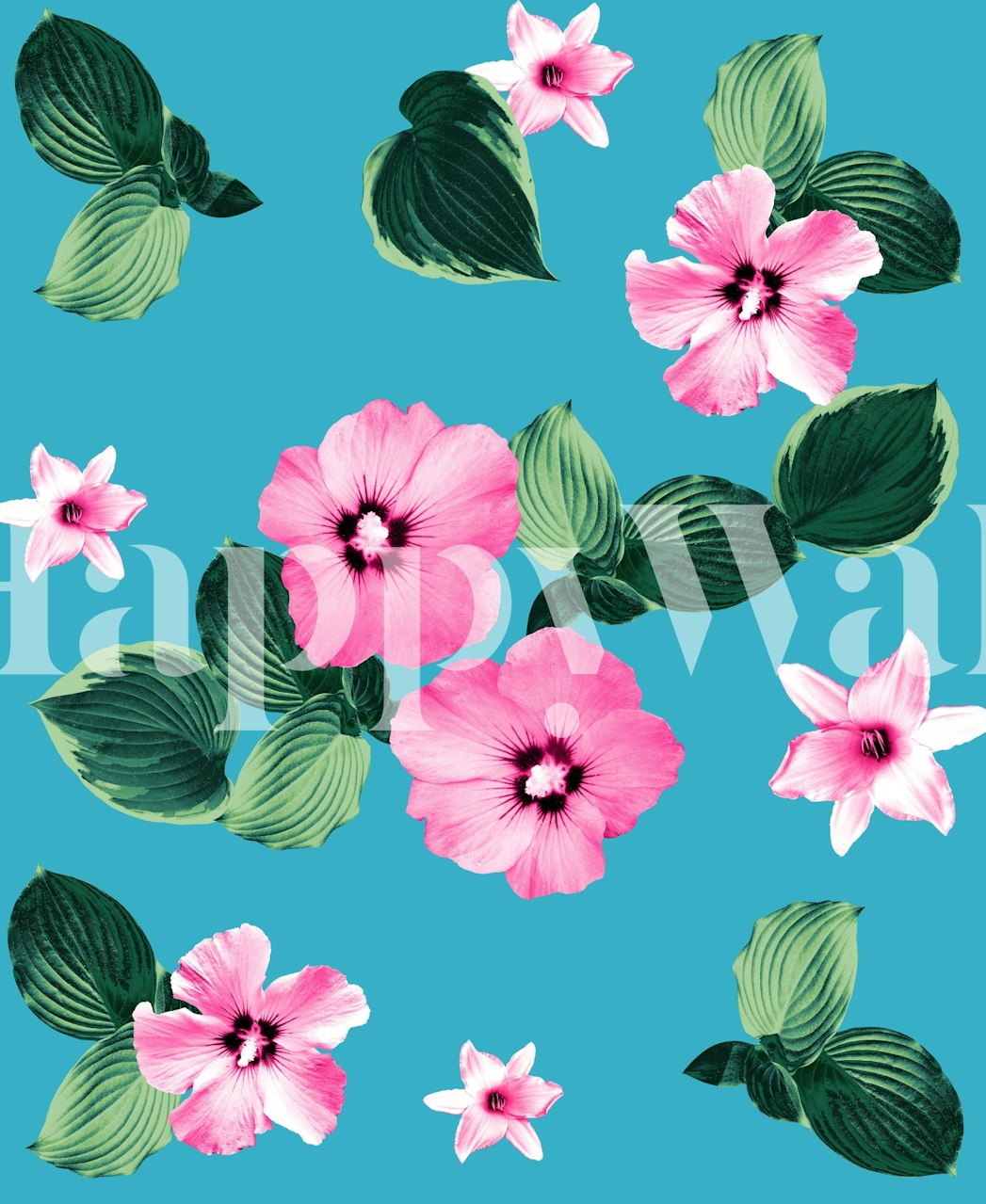 Fotomural estampados florales rosas y verdes sobre fondo azul