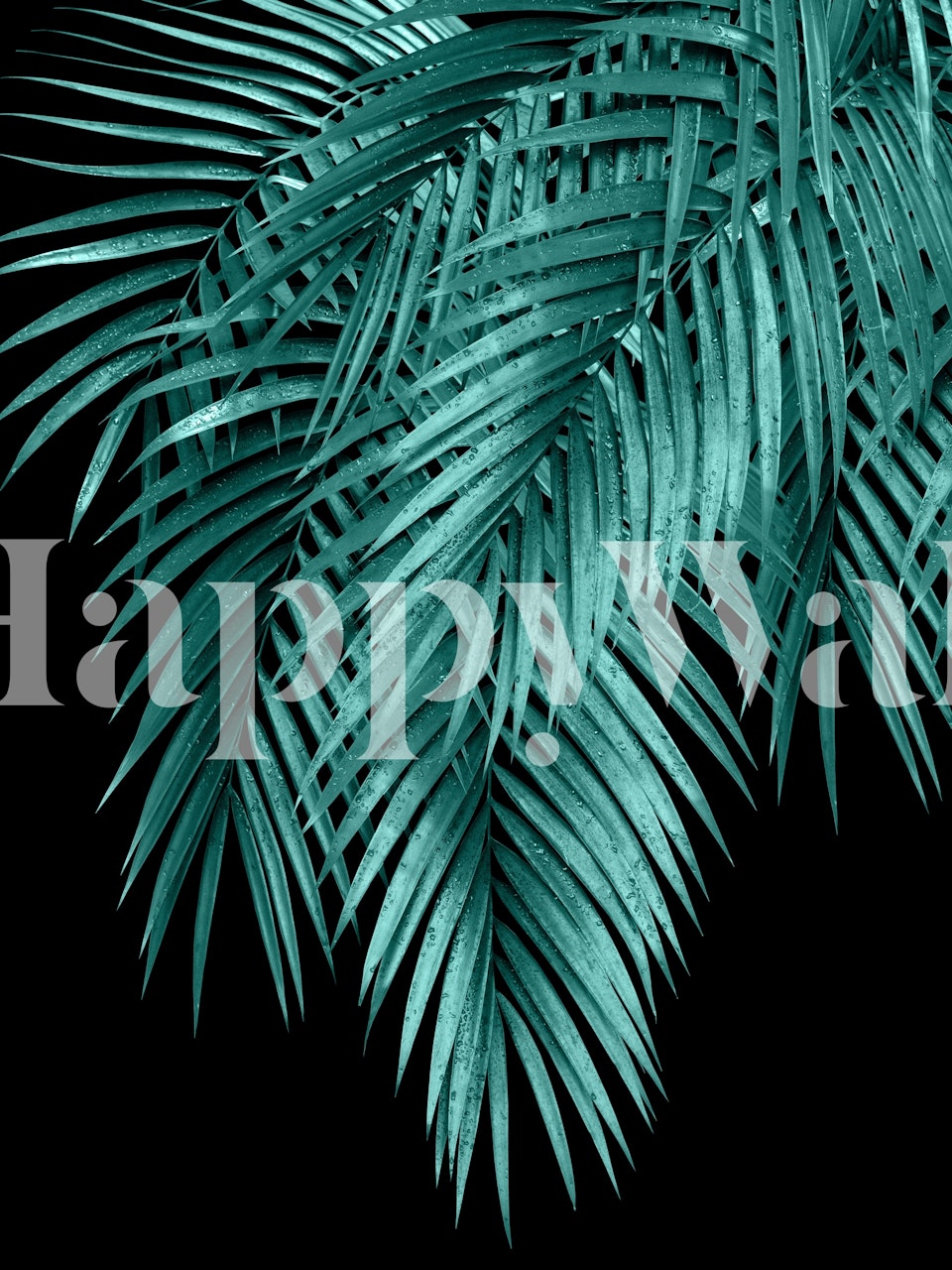Teal tropical palm leaves design on black background wallpaper.