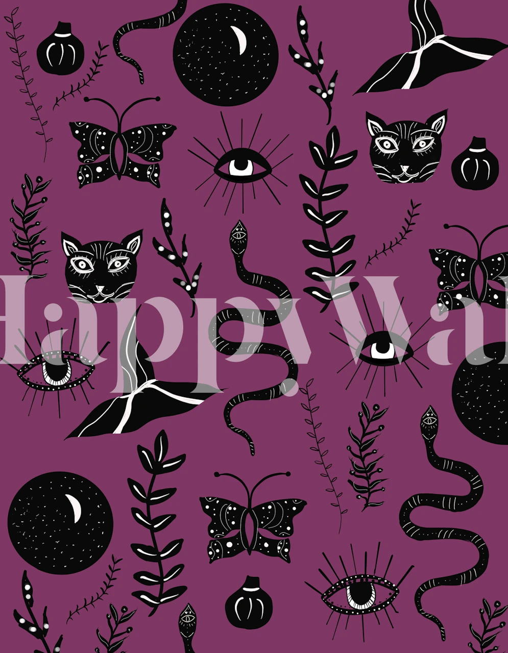 Halloween wallpaper featuring black cats, eyes, snakes, and butterflies on purple background