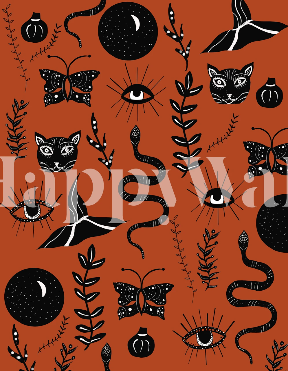 Halloween-inspired wall mural with pumpkins, eyes, snakes, bats, and black cats on a terracotta background
