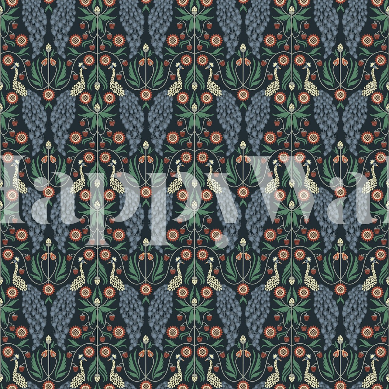 Floral pattern on dark blue background featuring red and green elements wallpaper