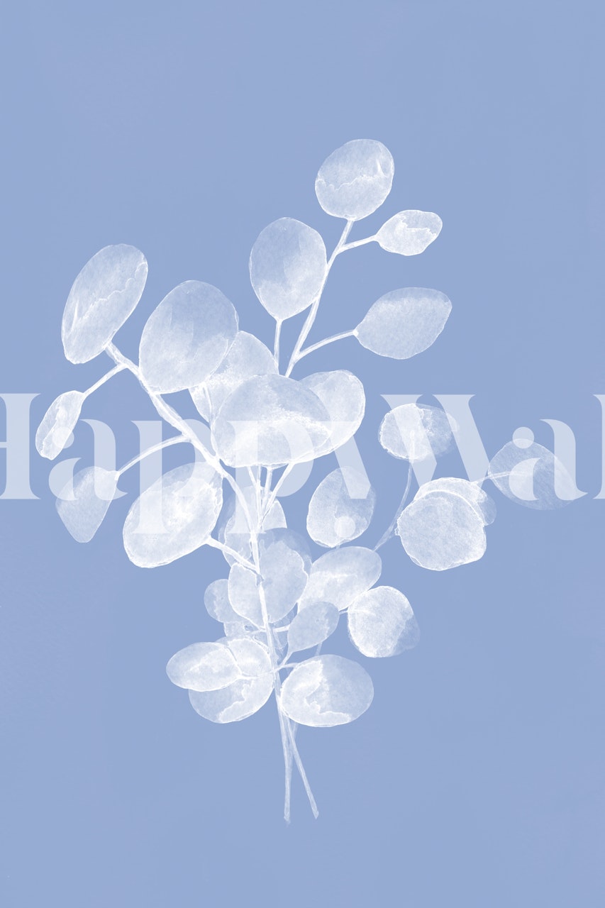 Elegant abstract eucalyptus branches wall mural on a blue background