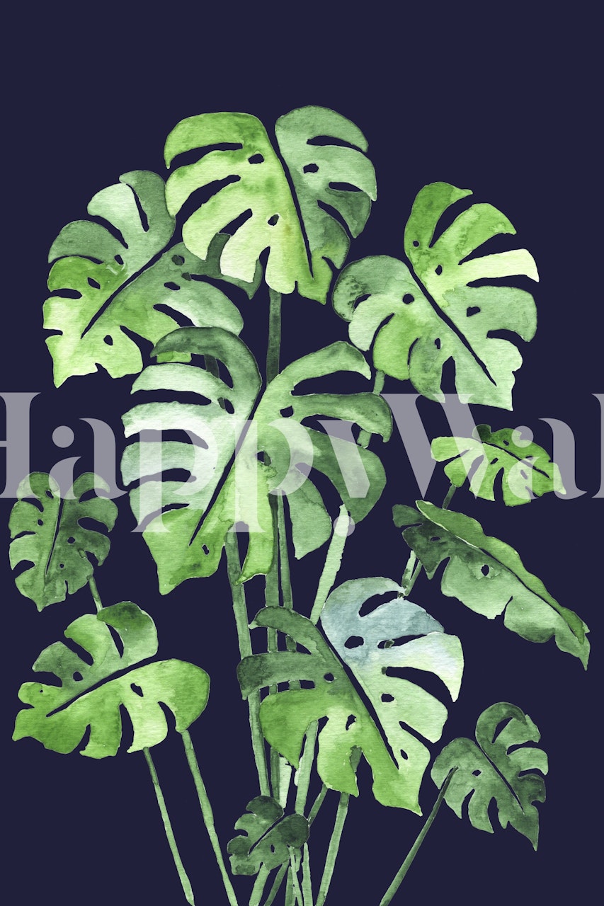 Tropical green Monstera leaves on dark navy wallpaper