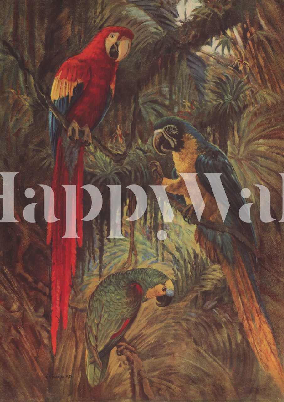 Three colorful parrots sitting on branches in a tropical setting wallpaper