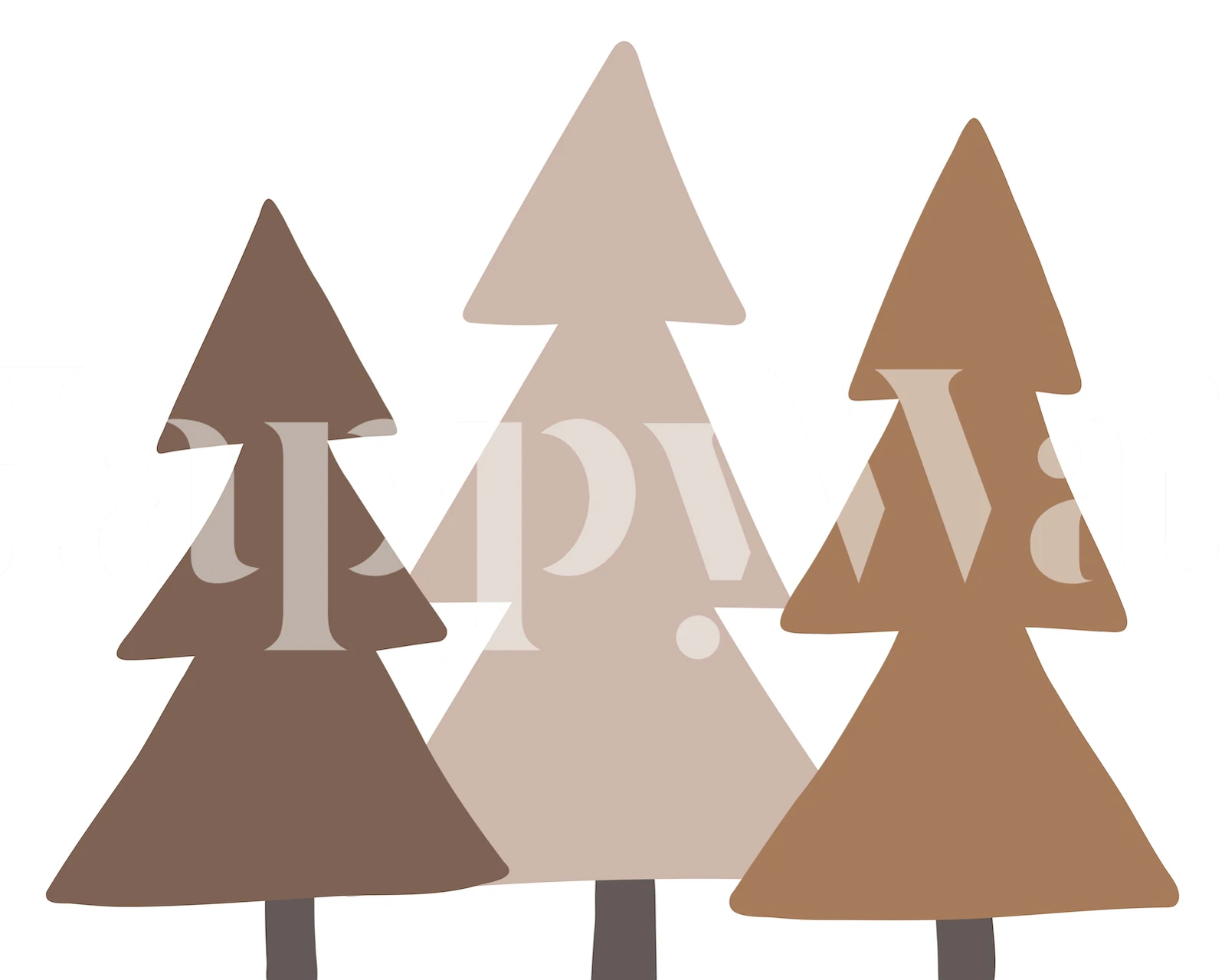 Three stylized brown pine trees in various shades on white wallpaper