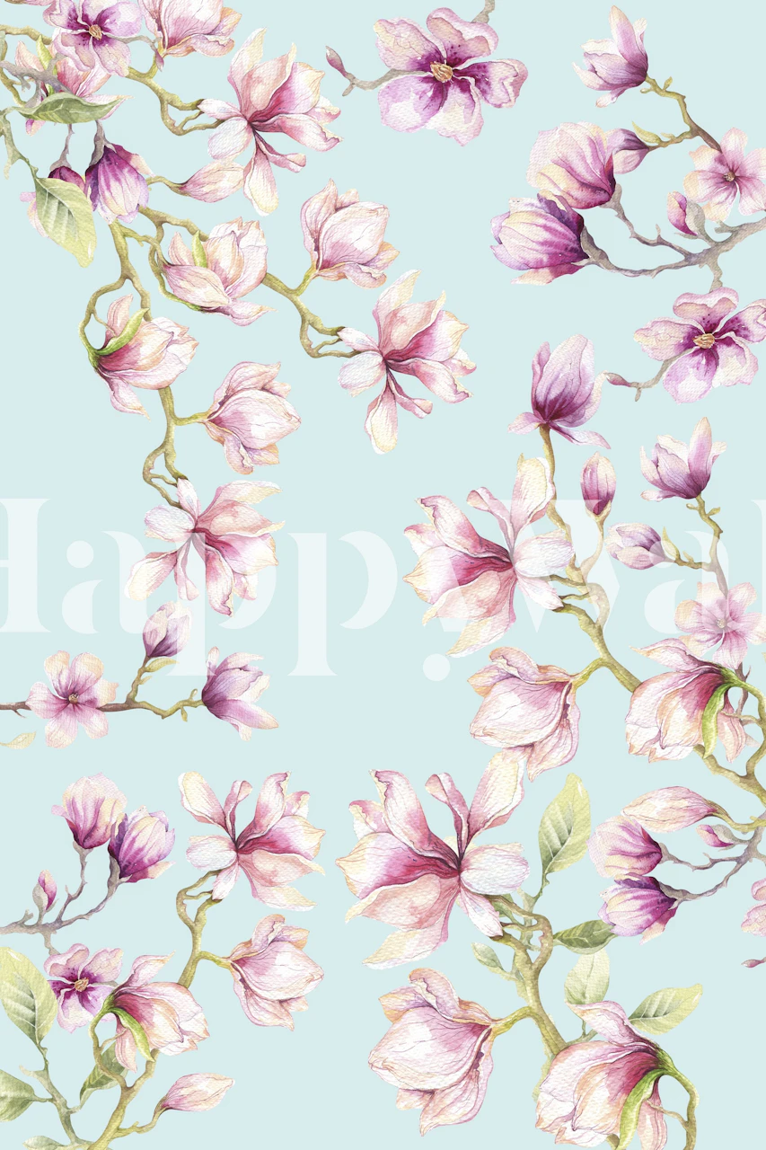 Delicate magnolia flowers in pink on blue background wallpaper