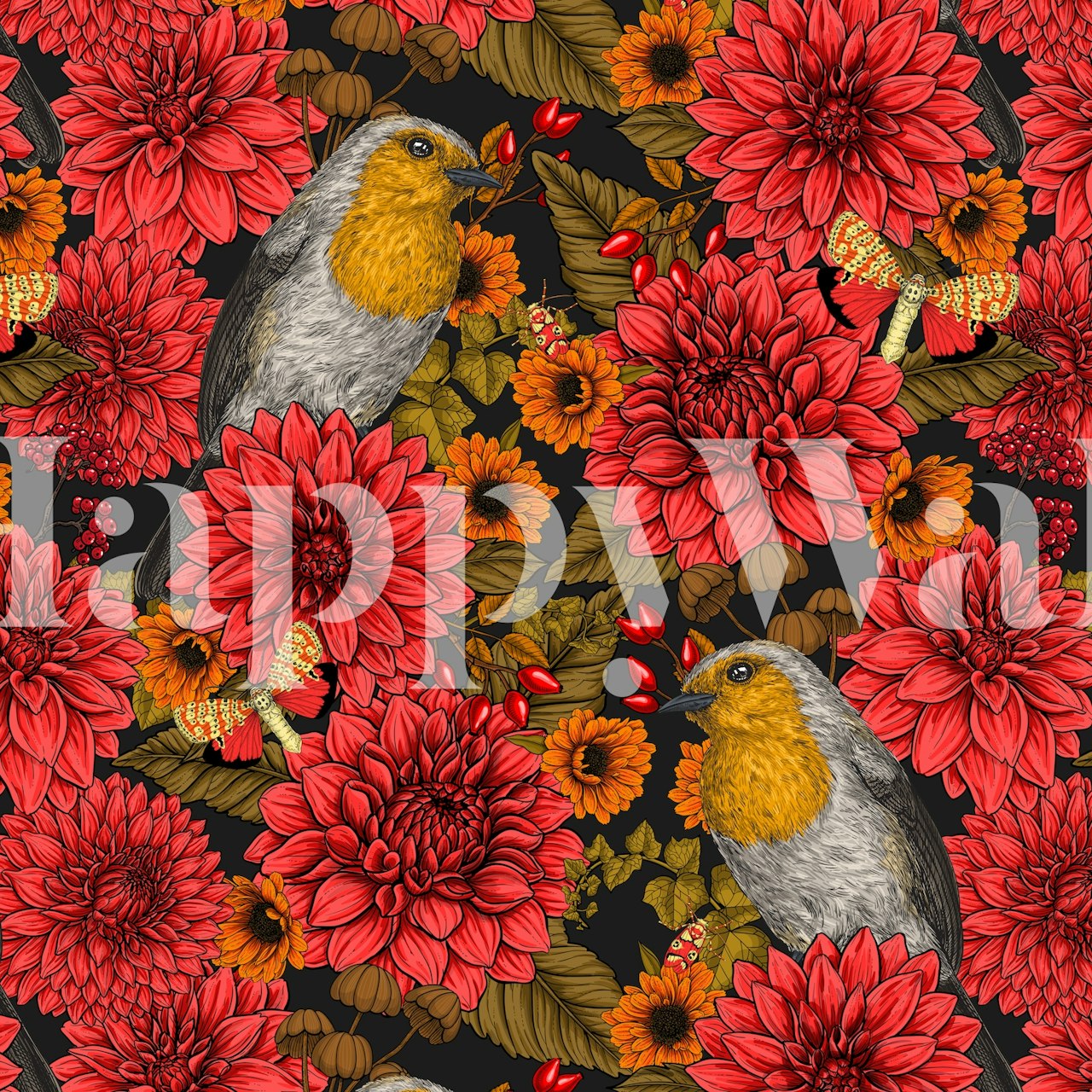 Colorful robins and flowers on a dark background wallpaper