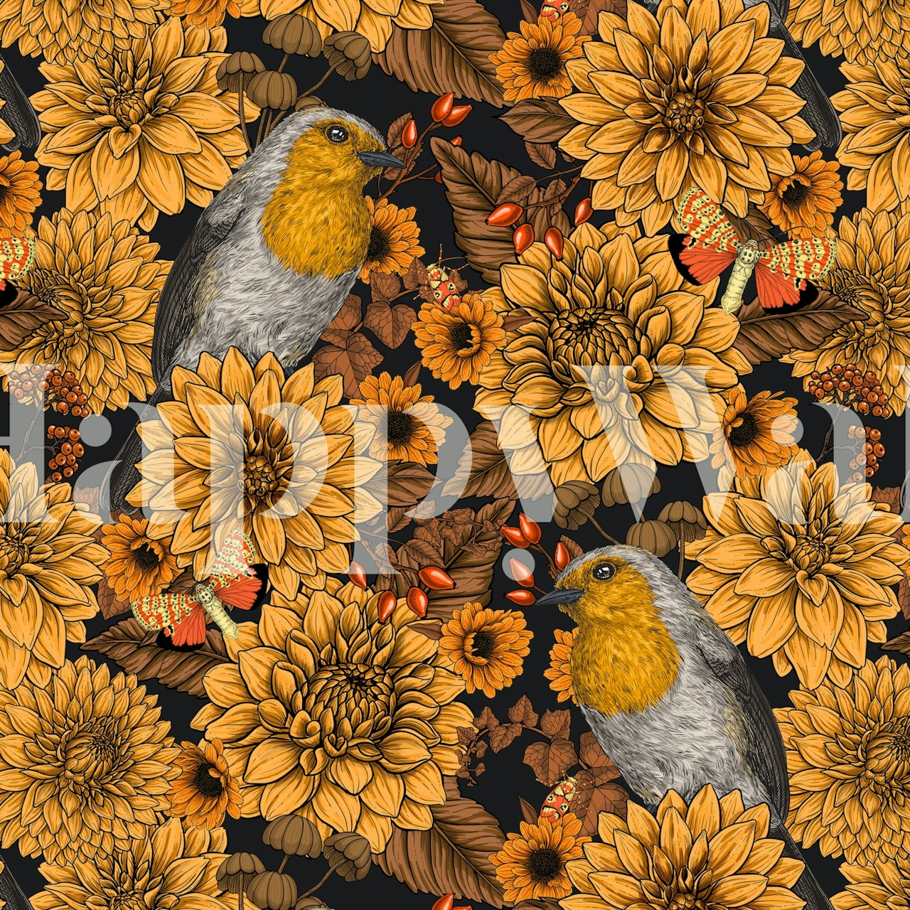 A wall mural with robins among golden chrysanthemums on a dark background, evoking a garden at dusk.