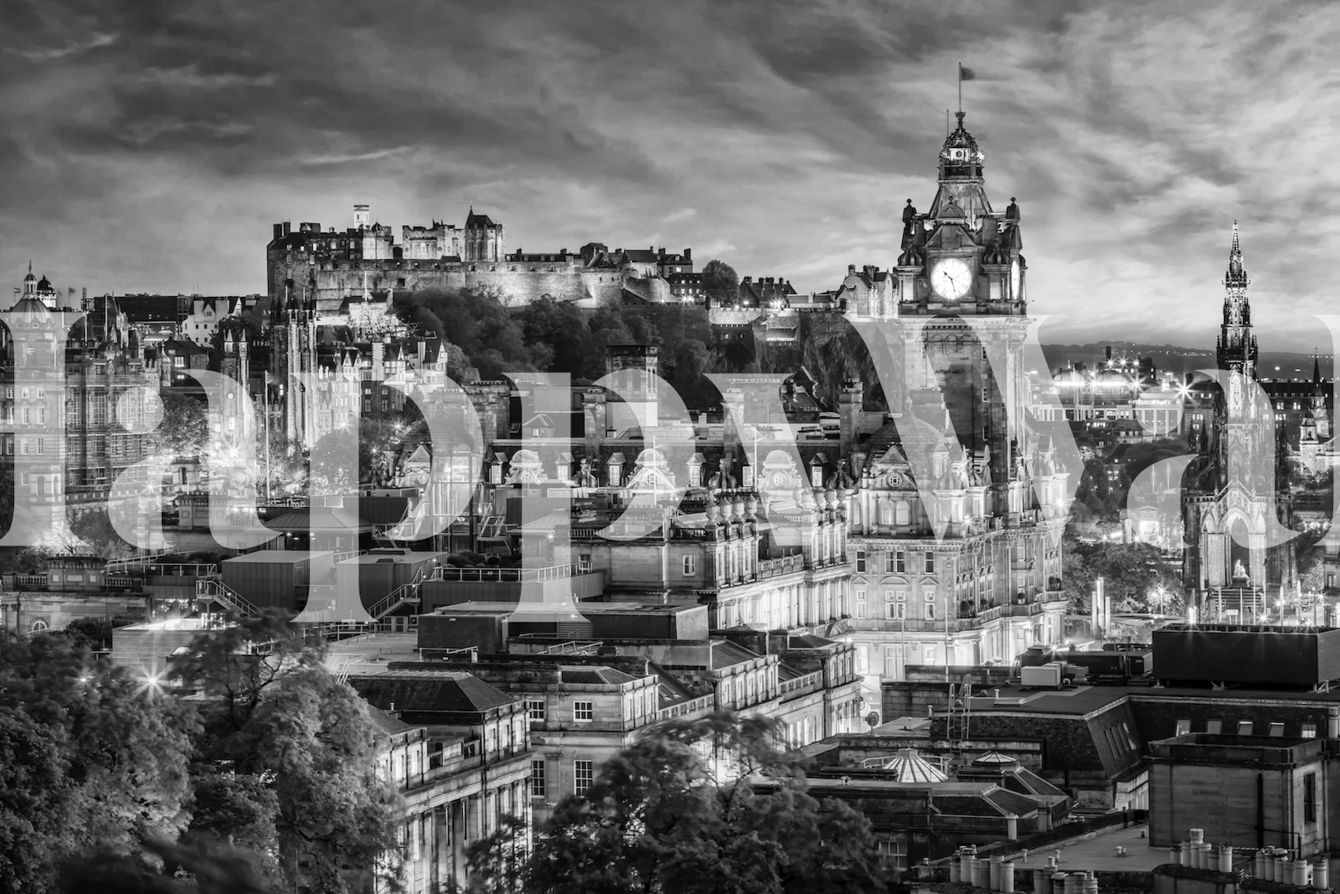Edinburgh skyline with historic buildings in black and white wallpaper