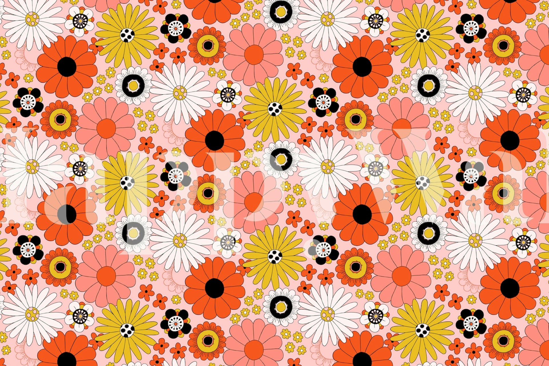 Colorful floral pattern featuring orange, pink, white, and yellow flowers. Bright and cheerful wallpaper.