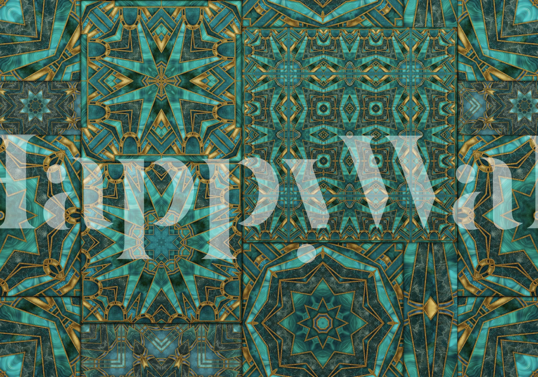 Teal and gold geometric patterns wallpaper with Moroccan tile design