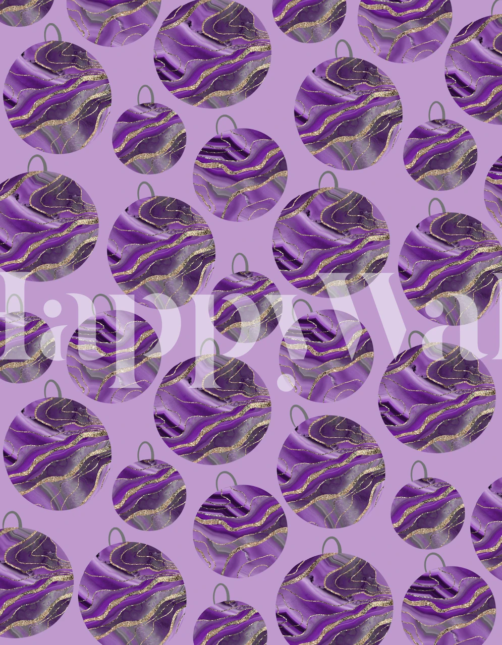 Kerstballen met glinsterende wervelingen op een paarse achtergrondmuurschildering