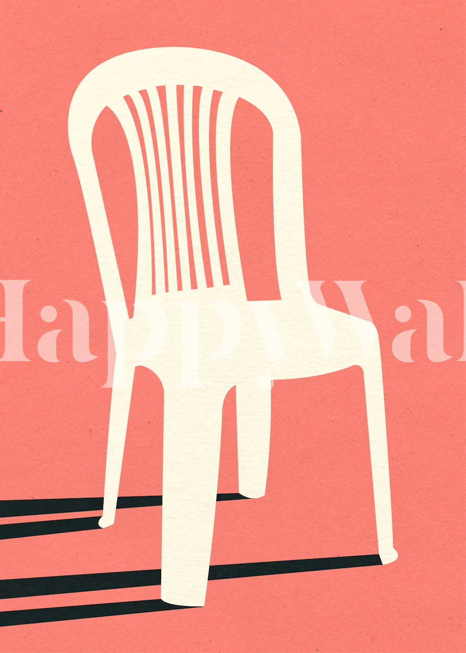 Minimalist chair illustration in white on coral background wallpaper
