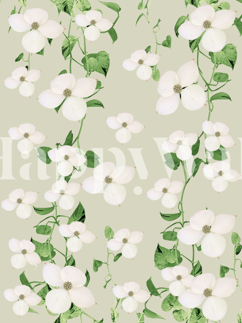 White flowers and green leaves pattern wallpaper
