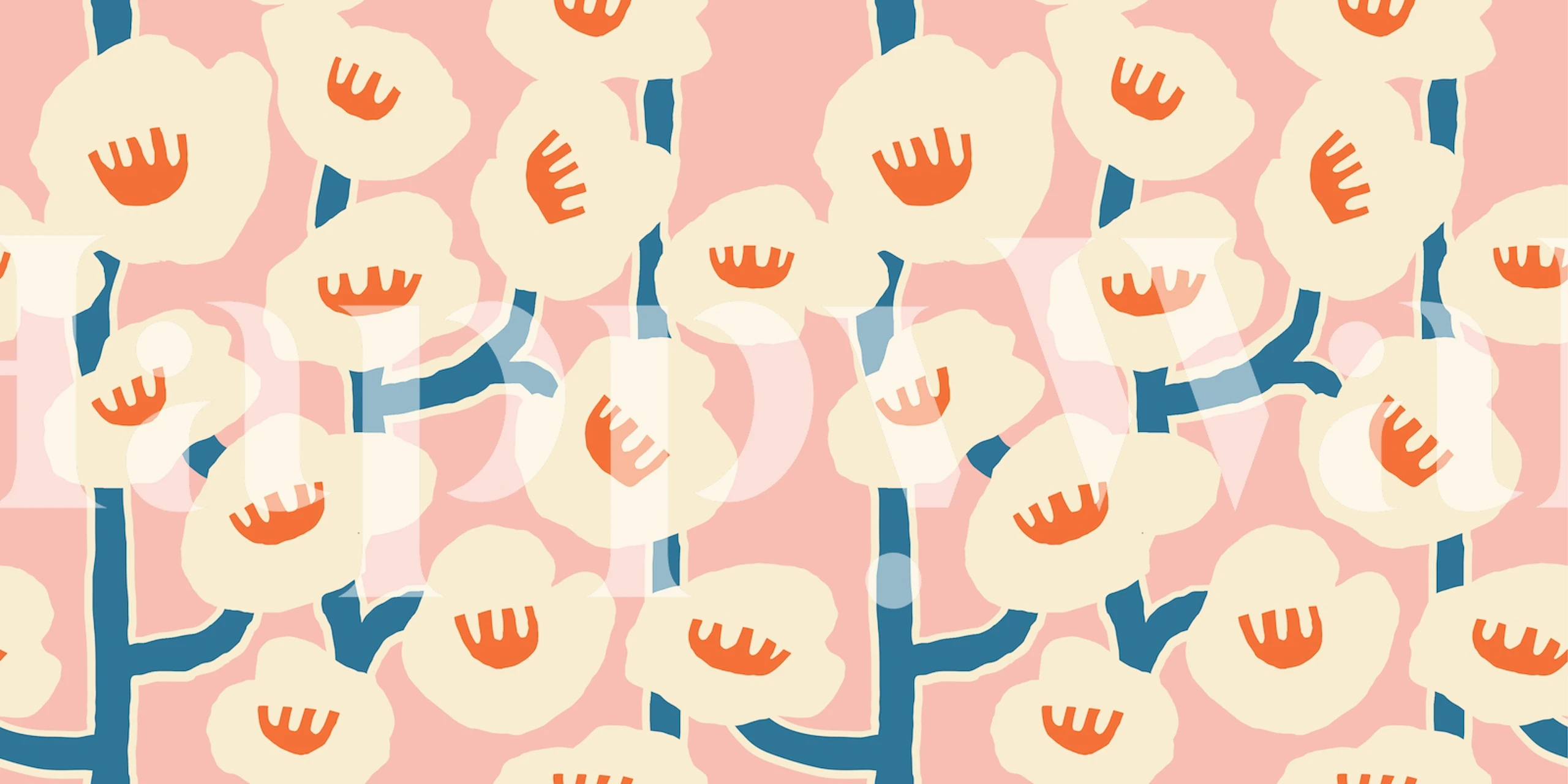 Modern floral design with pink background and cream flowers wallpaper