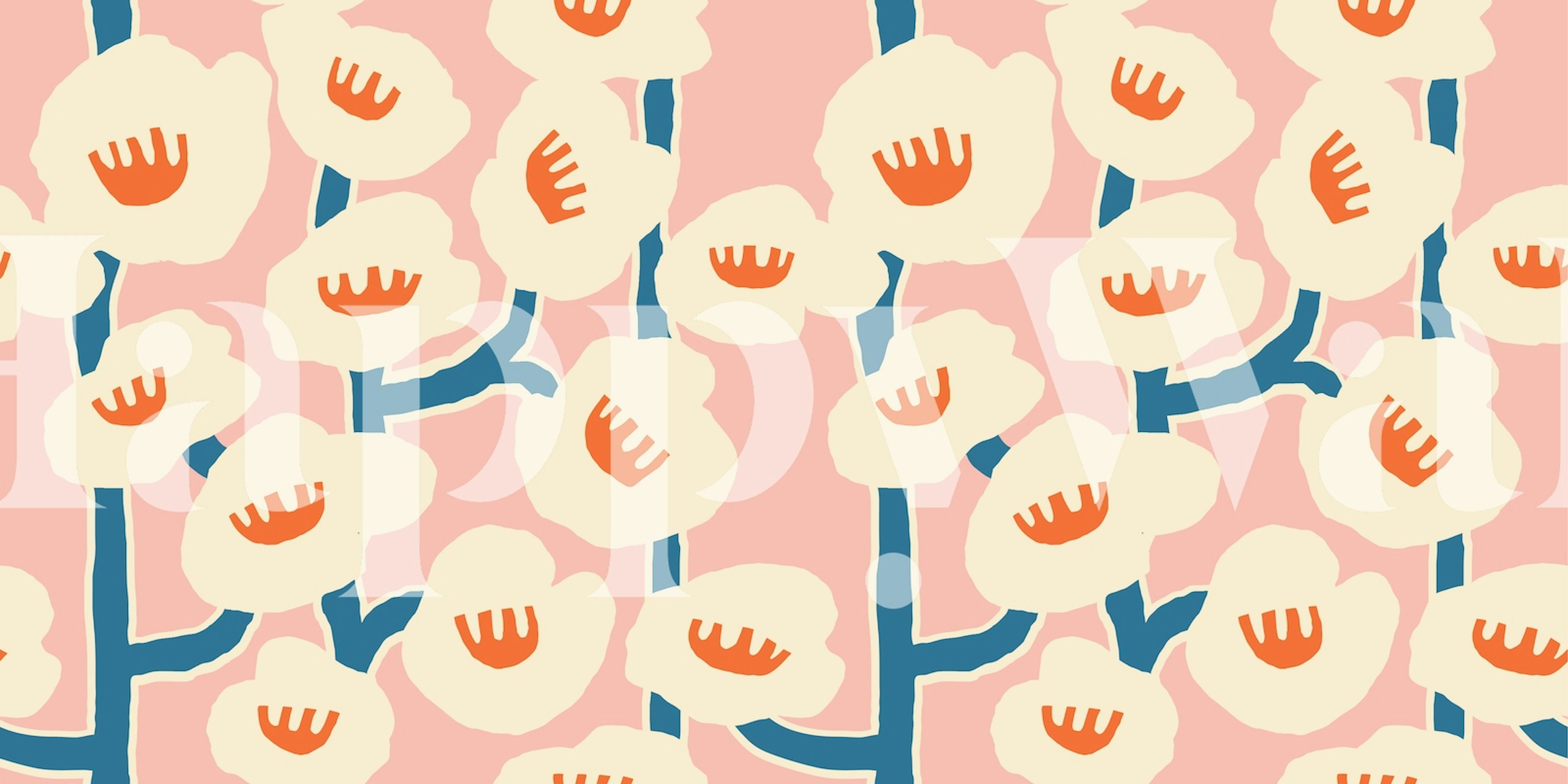 Modern floral design with pink background and cream flowers wallpaper