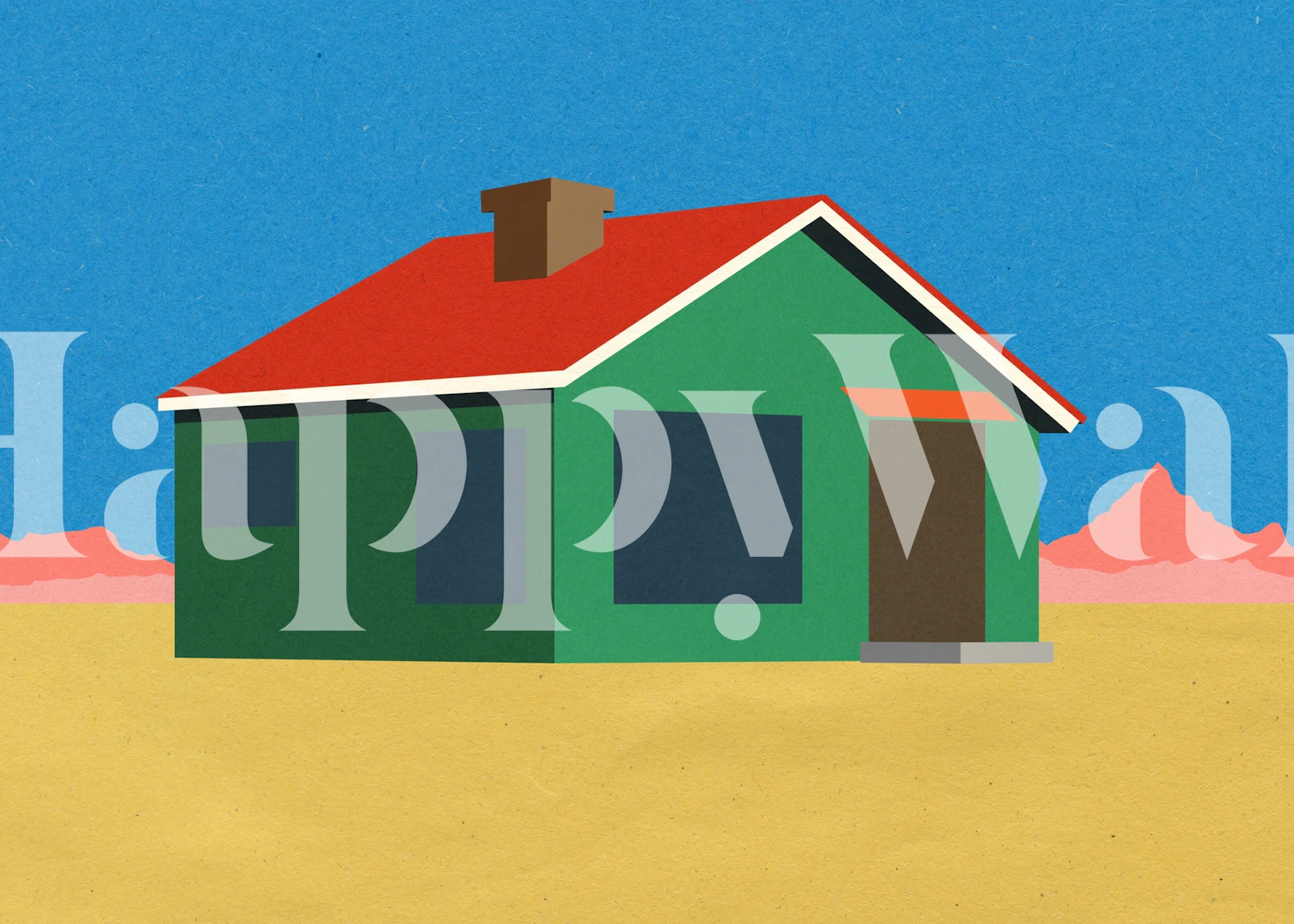 Colorful house design with green walls and red roof against a blue sky wallpaper