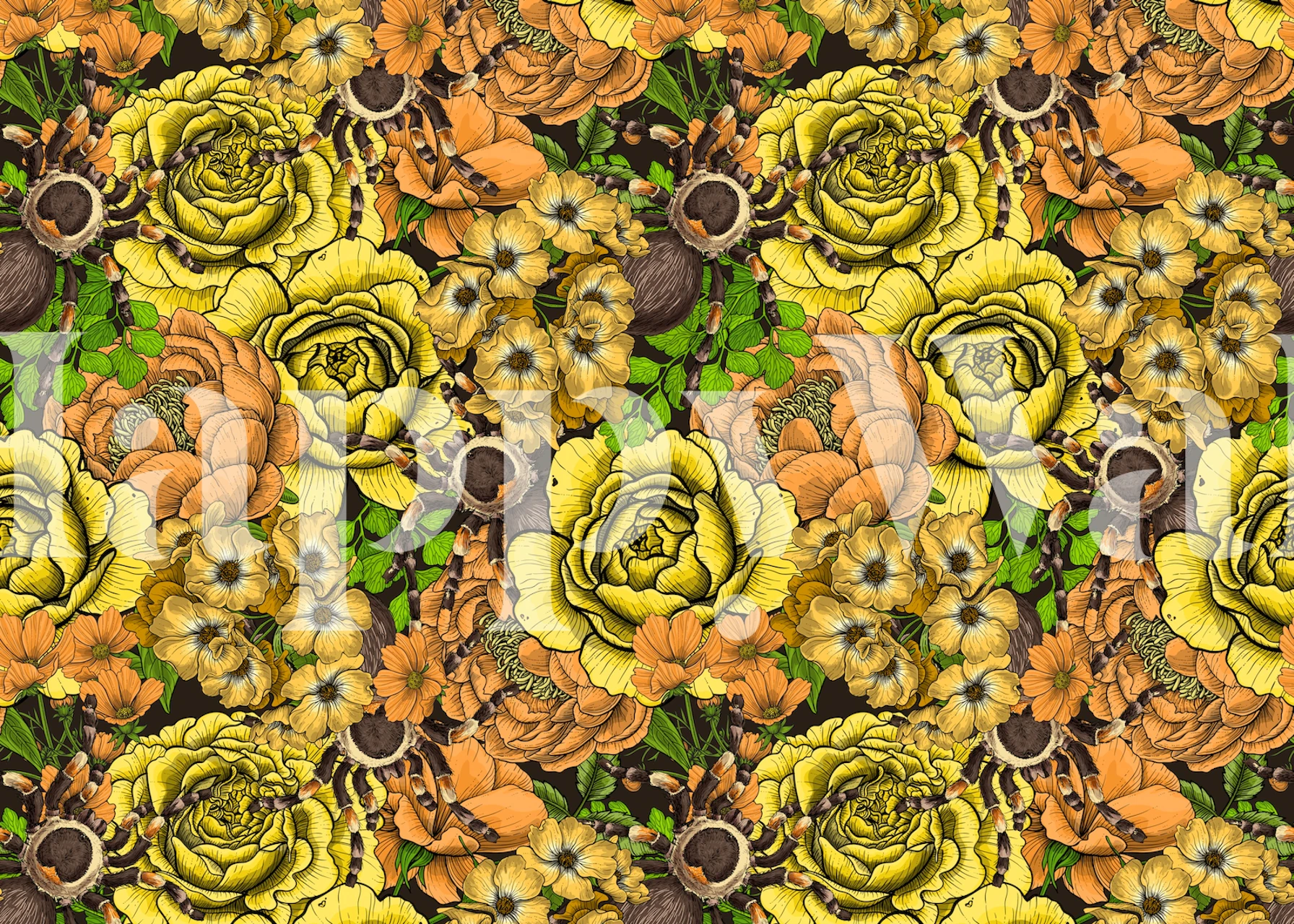 Floral garden wallpaper featuring yellow and orange flowers with green leaves