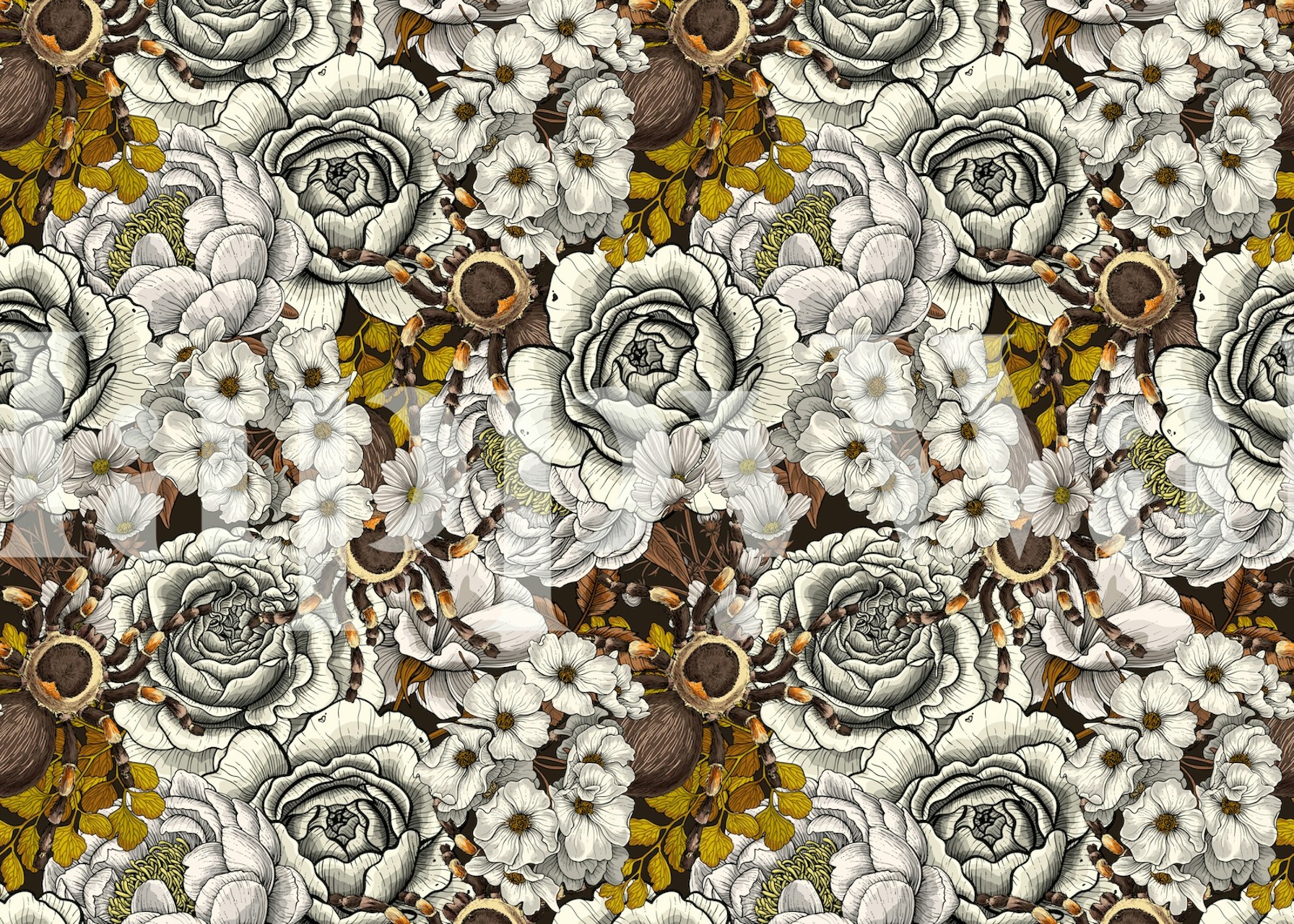 Tarantula Garden 2 wall mural featuring white roses and tarantula motifs on a golden patterned background