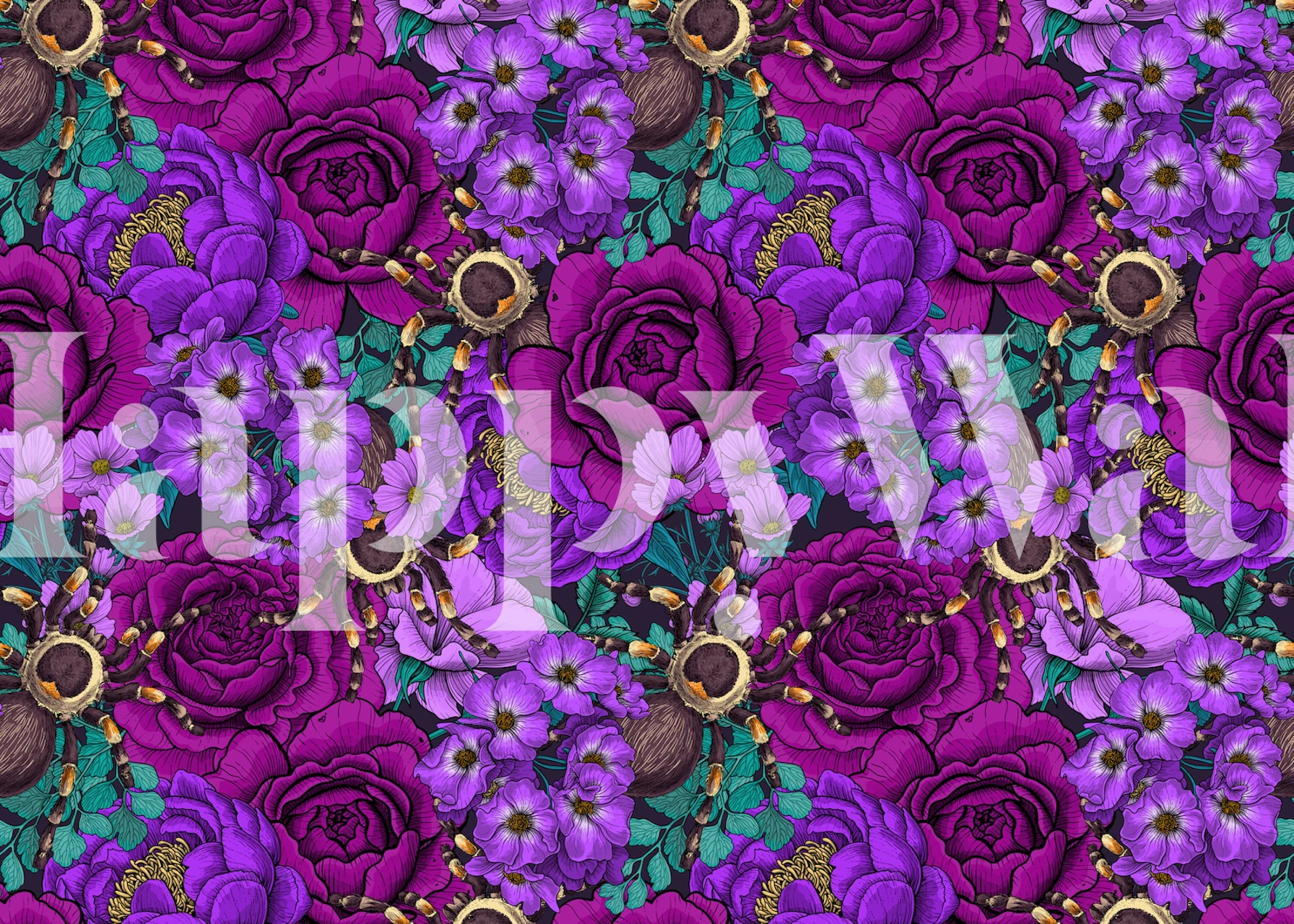 Purple flowers and spiders create a vibrant floral wallpaper design.