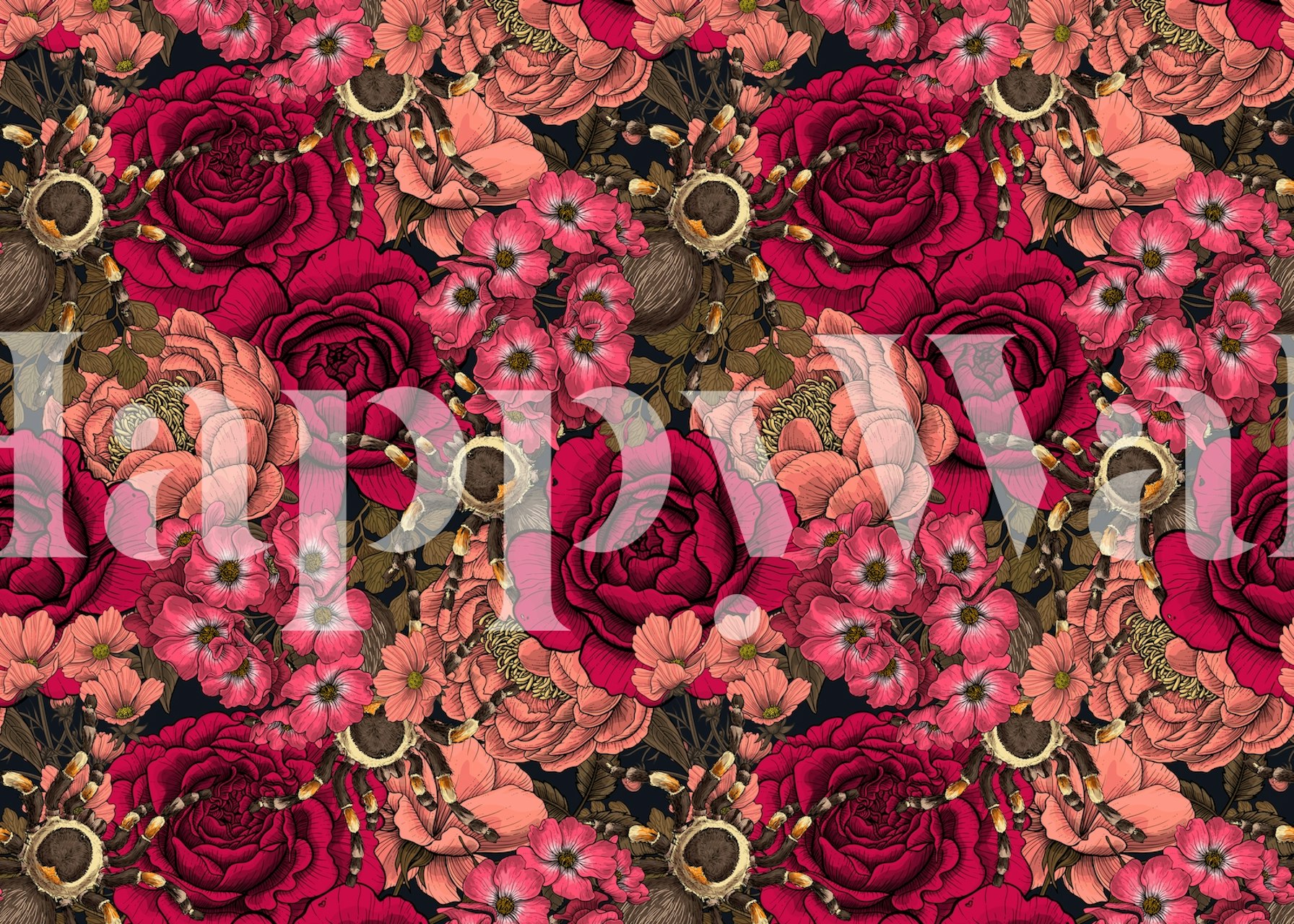 Mytologinen Tarantula Garden 4 seinämaalaus, jossa on punaisia ruusuja ja kultaisia hämähäkinseitinvaihtoehtoja tummalla taustalla