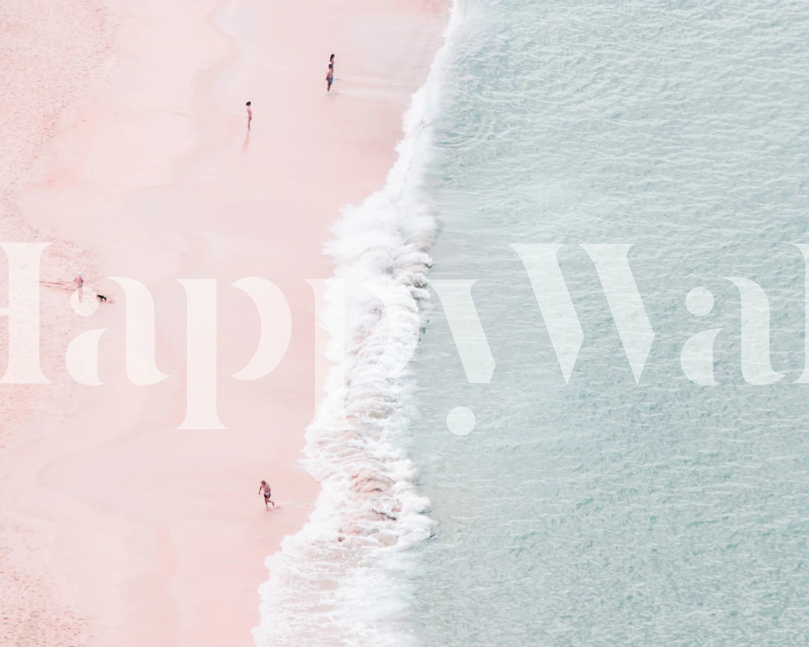Aerial view of a pink beach with soft waves and people, coastal wallpaper