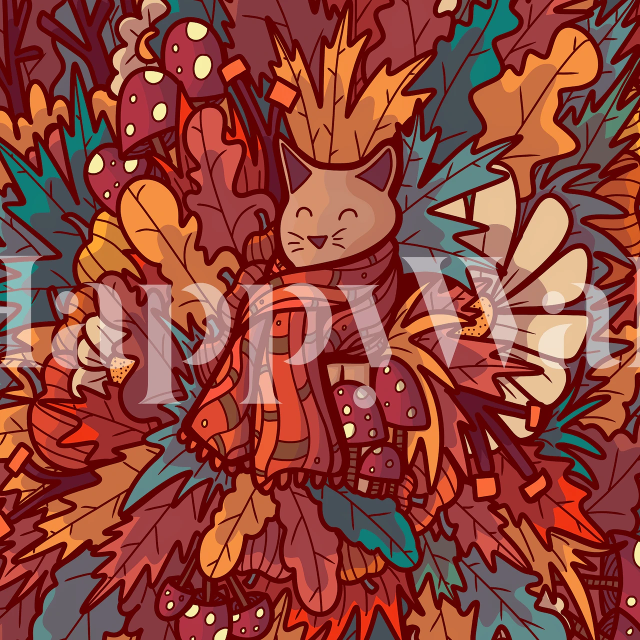 Cosy autumn cat behang in een kamer