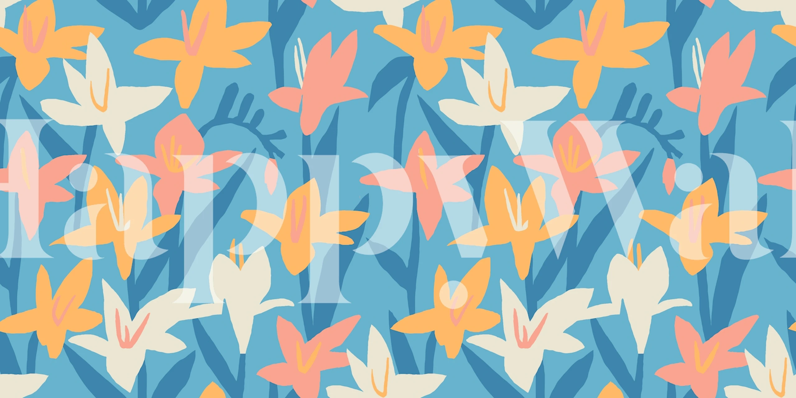 Lily on Blue Wall Mural with pastel lily flowers on a calm blue background