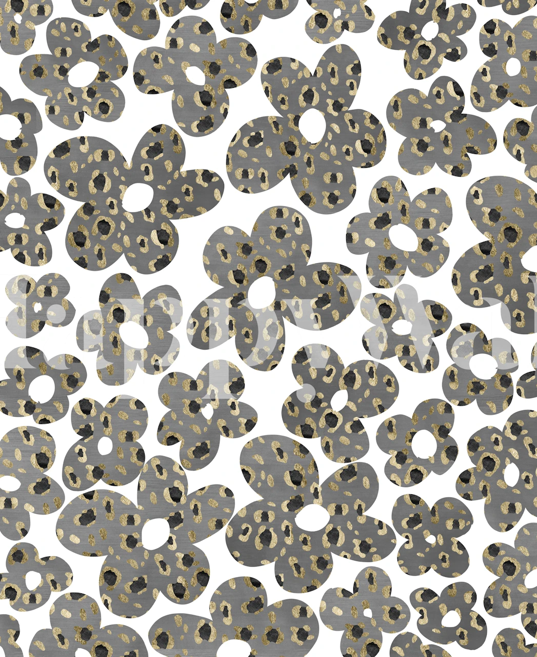 Retro-vaikutteinen seinämaalaus, jossa on päivänkakkarat, joissa on eläinkuvioinen kierre kerman ja harmaan sävyissä.