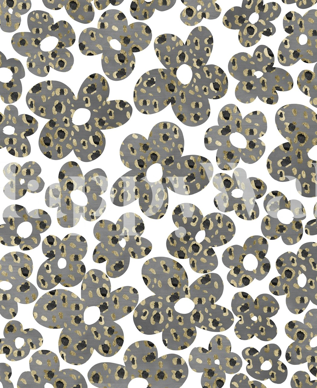 Retroinspirerad tapet med prästkragar med en twist av djurtryck i grädde och grå toner.