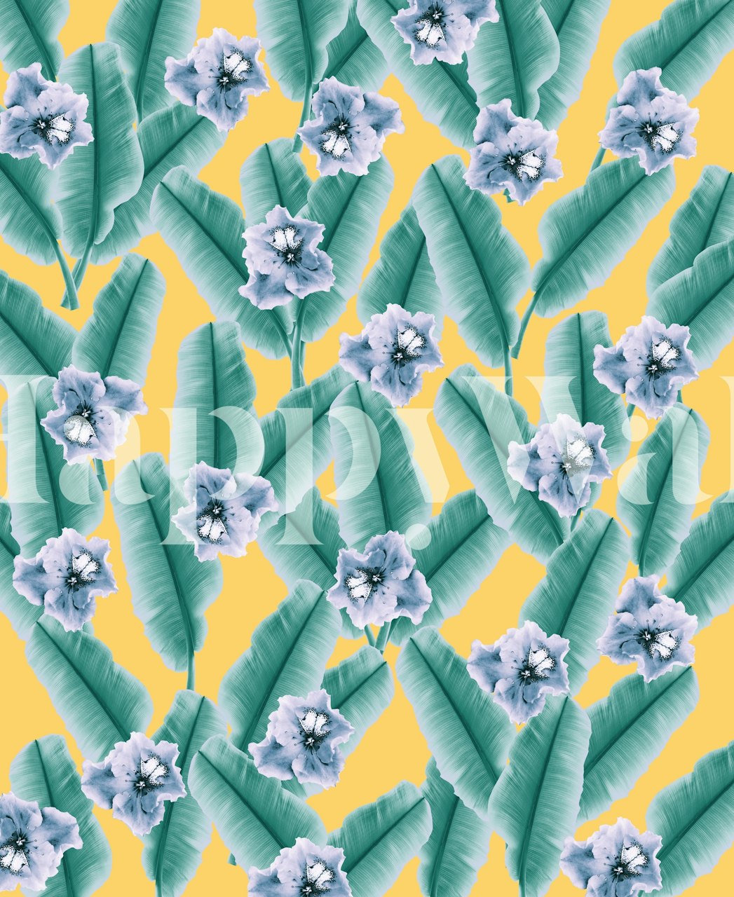 Tropical banana leaves with light blue flowers on yellow background wallpaper