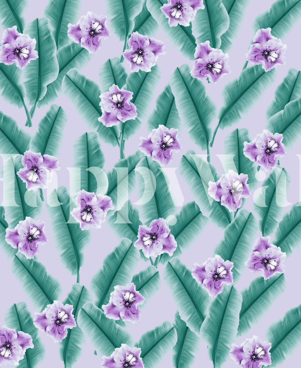 Tropical floral wallpaper with purple flowers and green leaves