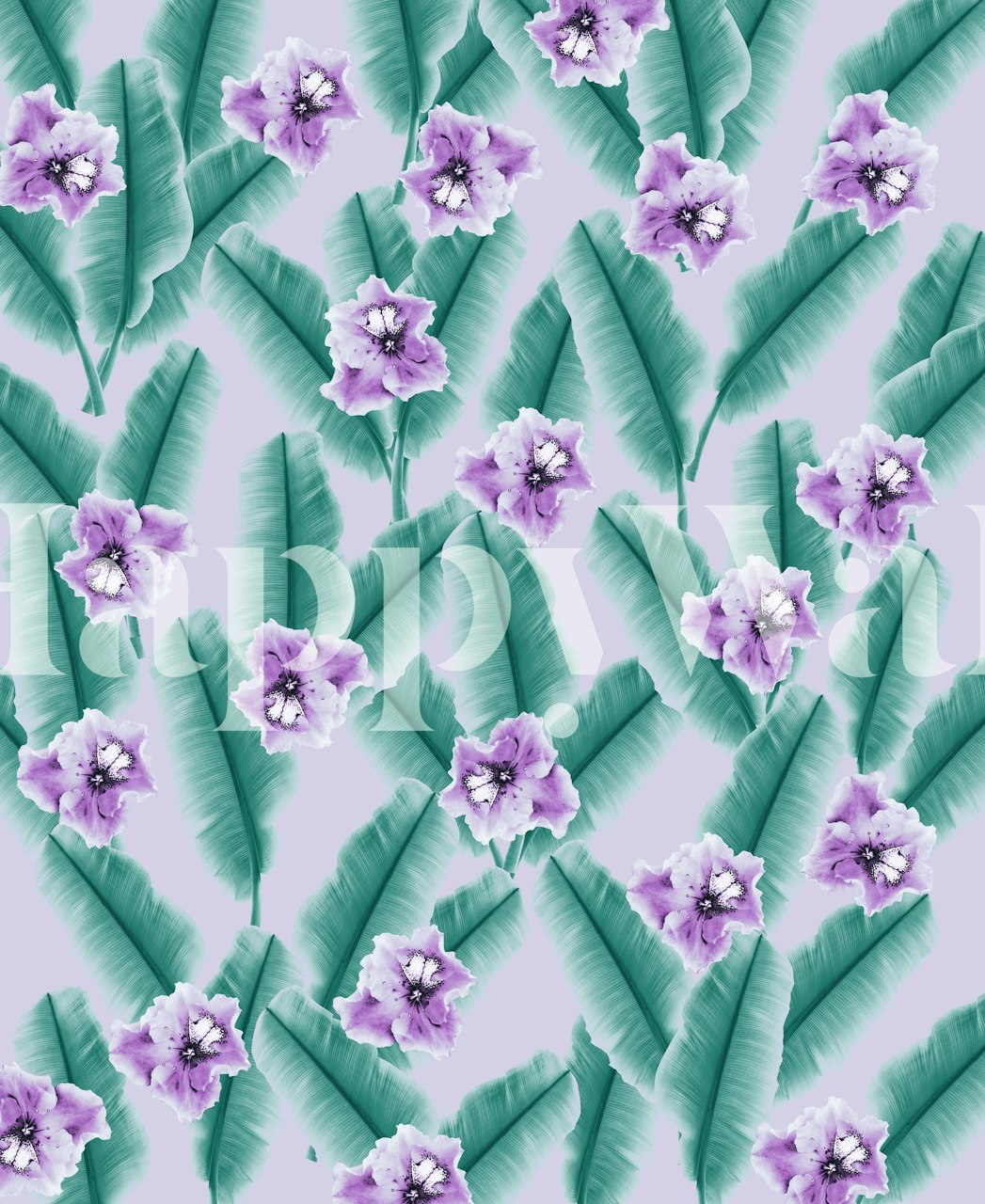 Tropical floral wallpaper with purple flowers and green leaves