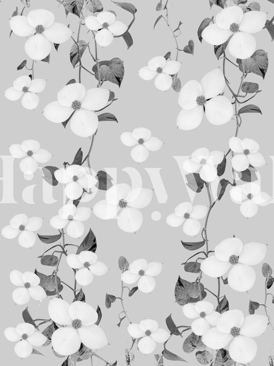 Black and white floral patterns with large flowers on grey wallpaper