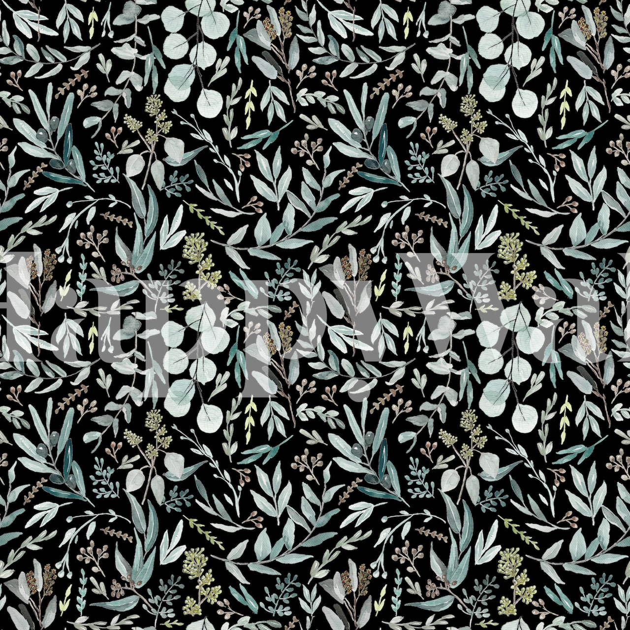 Black floral design with eucalyptus leaves and blossoms wallpaper