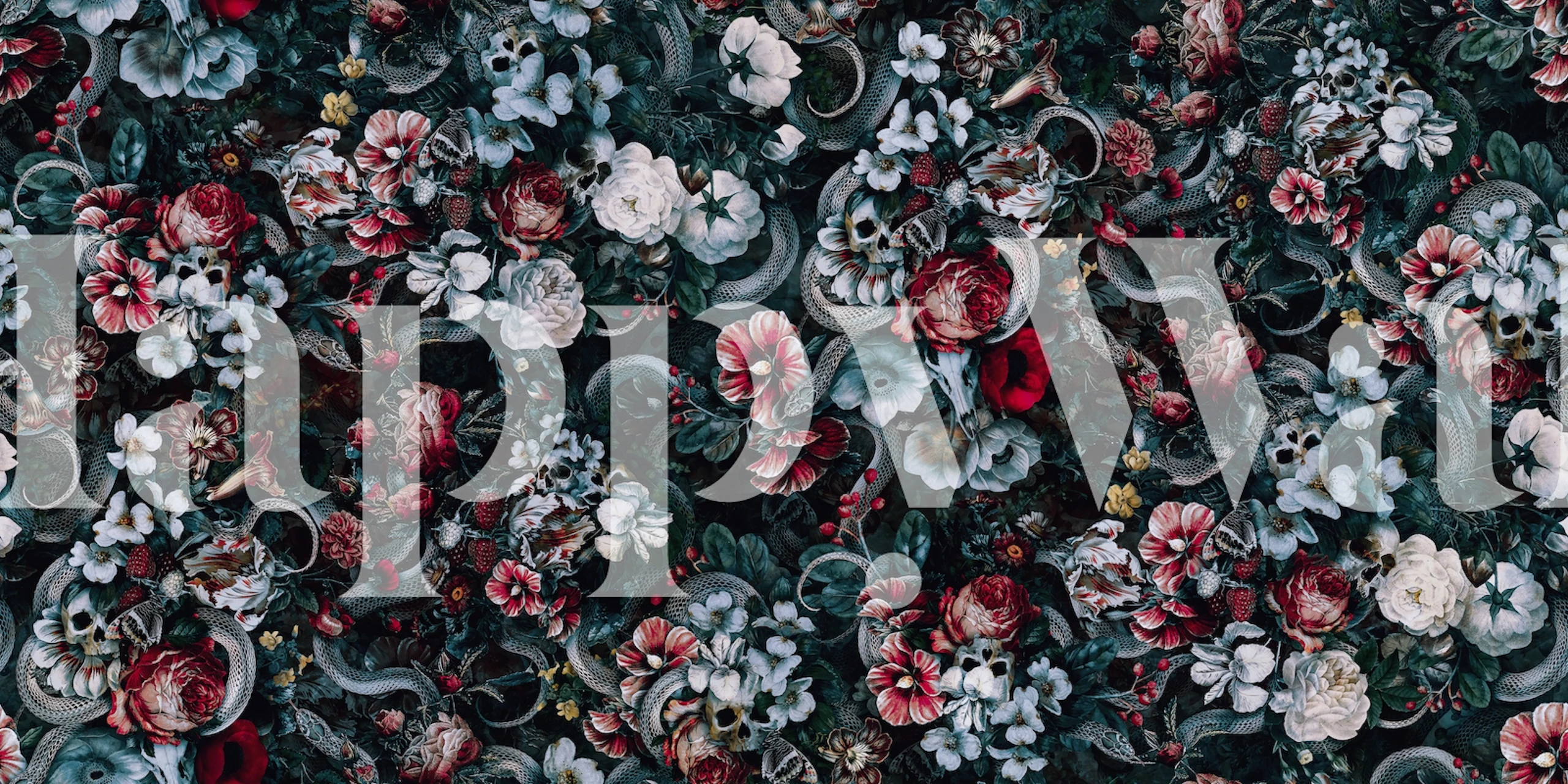 Floral pattern with skulls and snakes in dark colors wallpaper