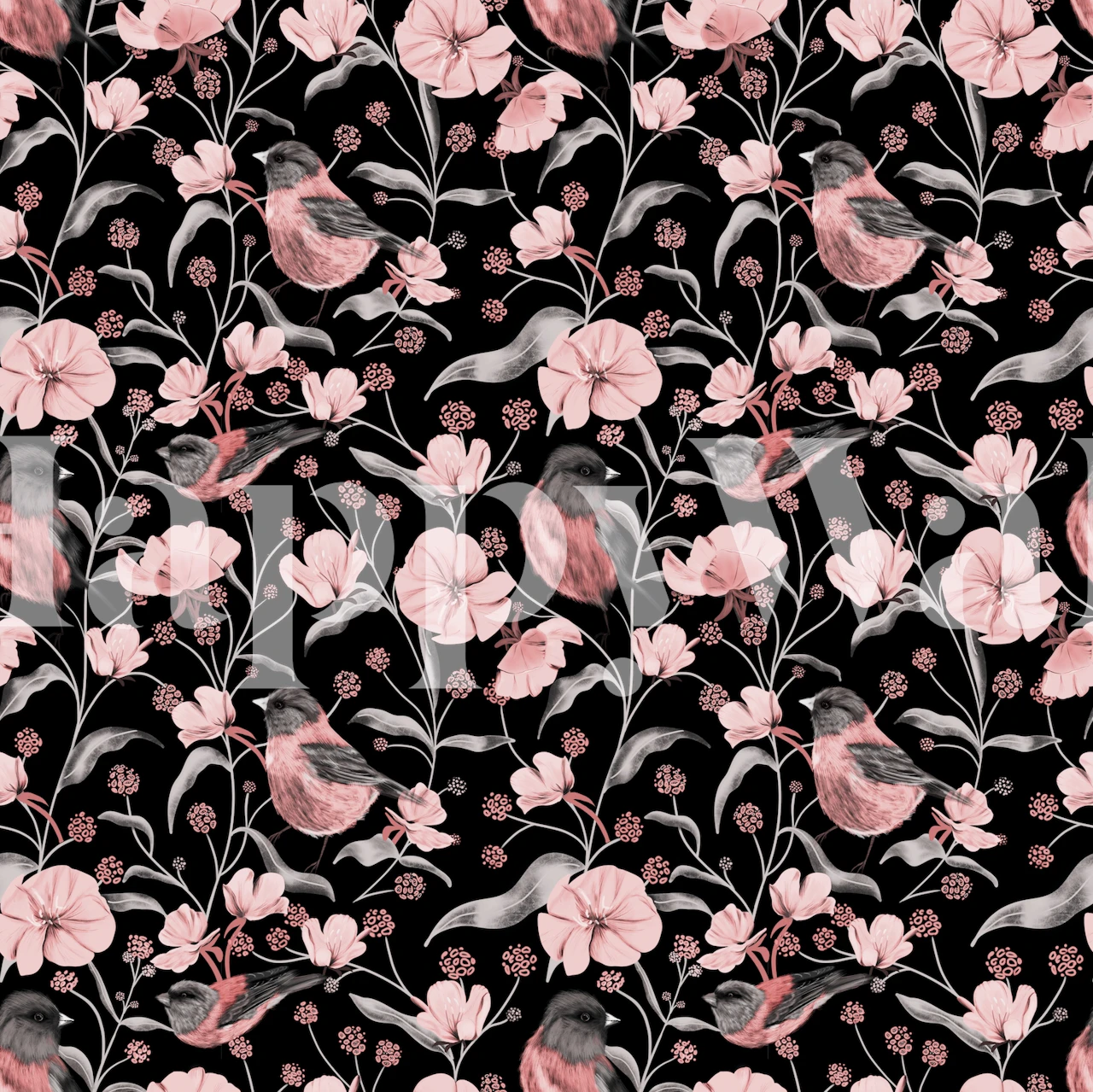 Pink birds and flowers patterned wallpaper