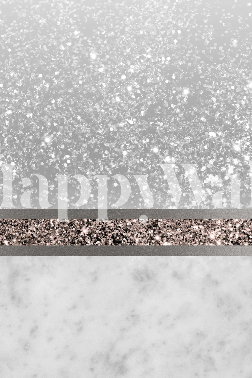 Rose gold glitter stripe against shimmering gray marble wallpaper