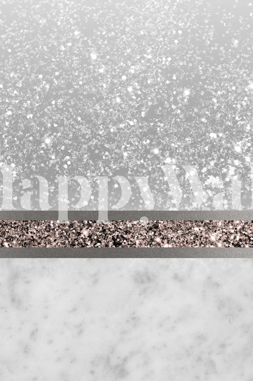 Rose gold glitter stripe against shimmering gray marble wallpaper