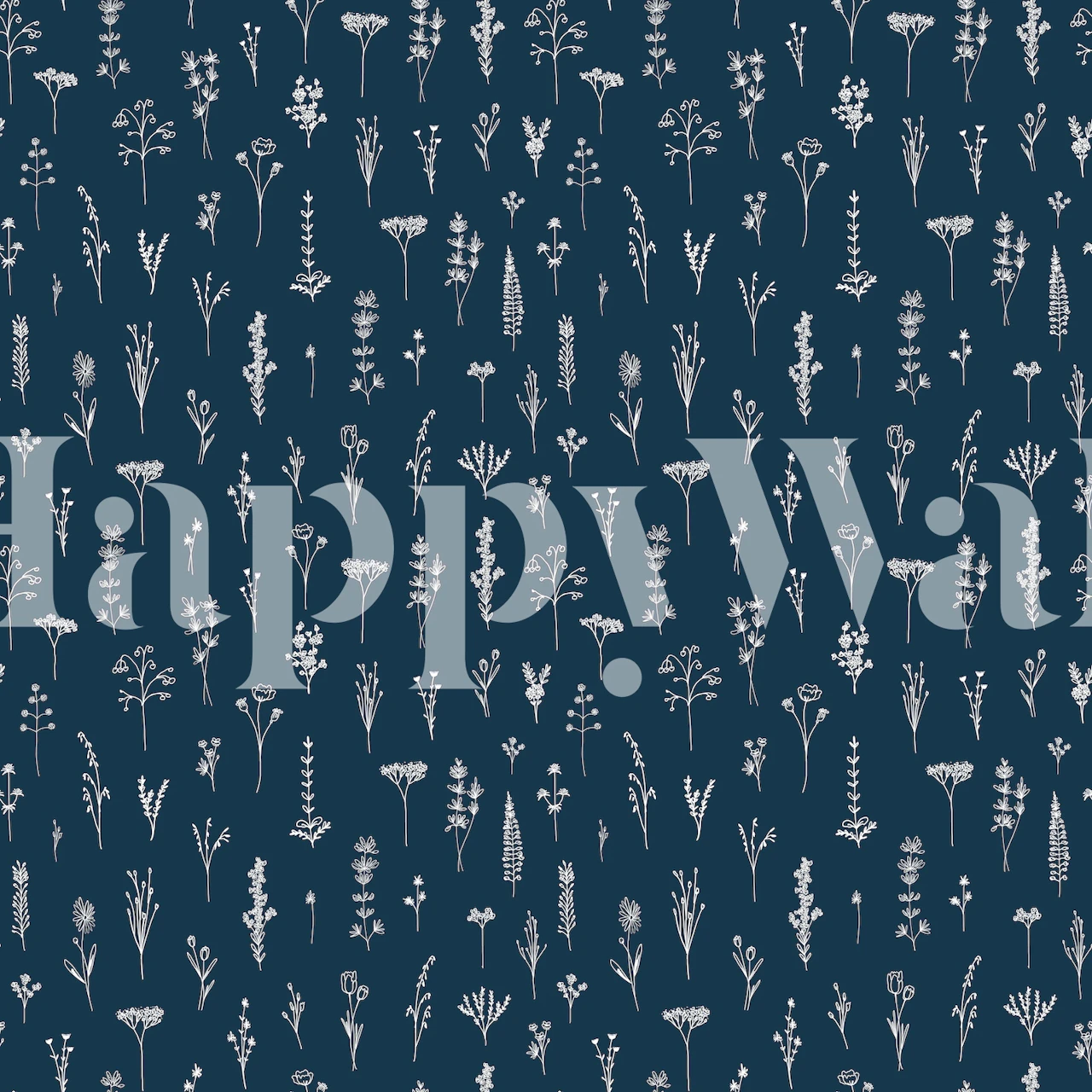 Navy wallpaper with white wildflower line art design