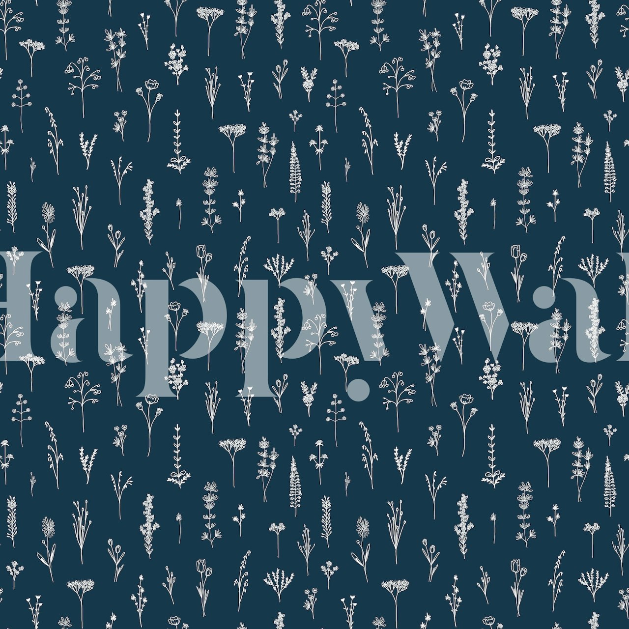 Navy wallpaper with white wildflower line art design