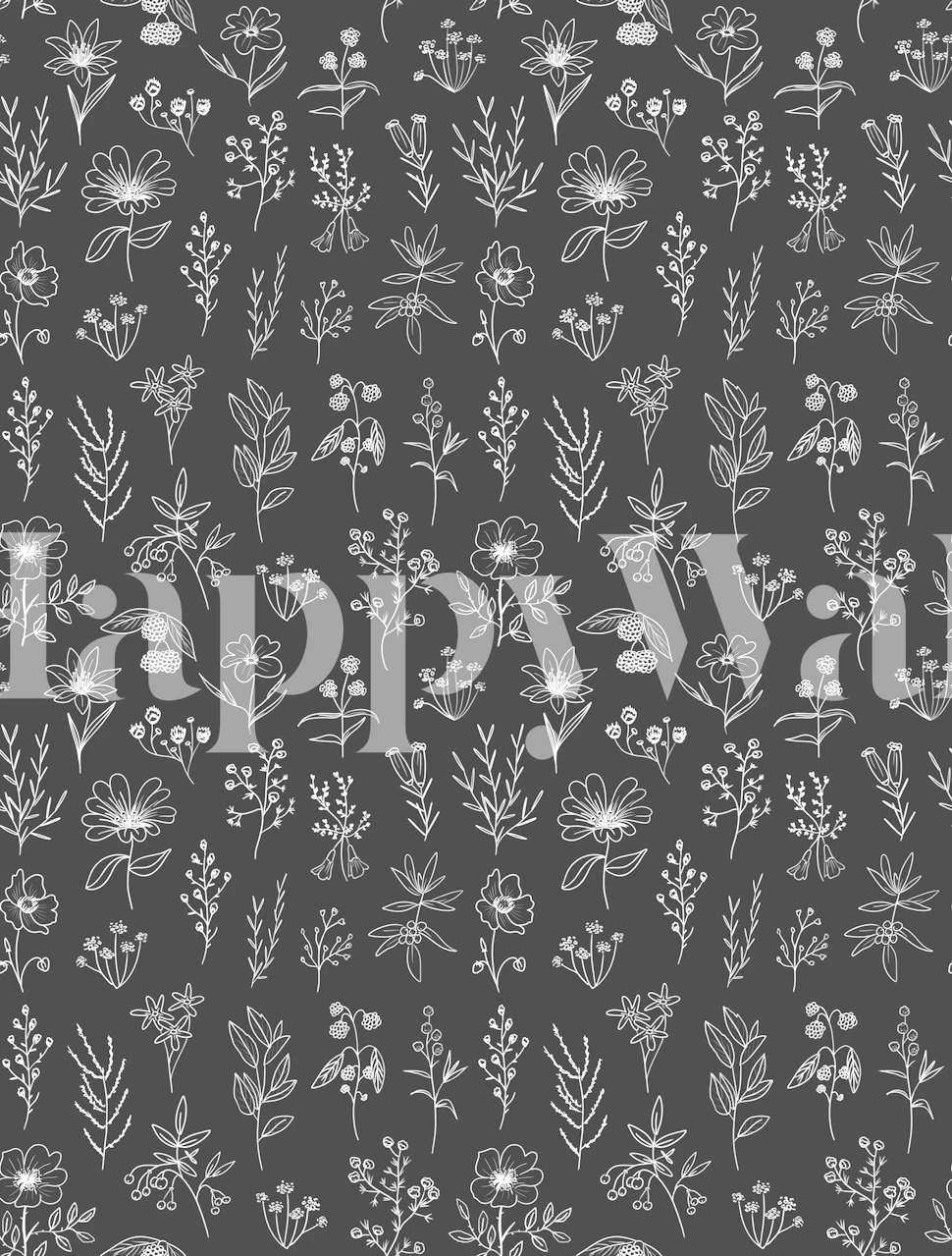 Naadloos patroon van monochrome lijntekeningen bloemen op een grijze achtergrondmuurschildering