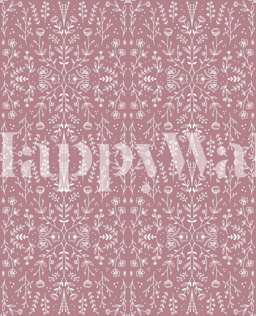 Pink floral pattern with white flowers and vines wallpaper